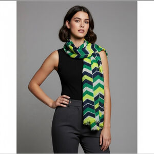 Juicy Couture Y2K Green Chevron Stripe Linen Oblong Fringe Summer Scarf